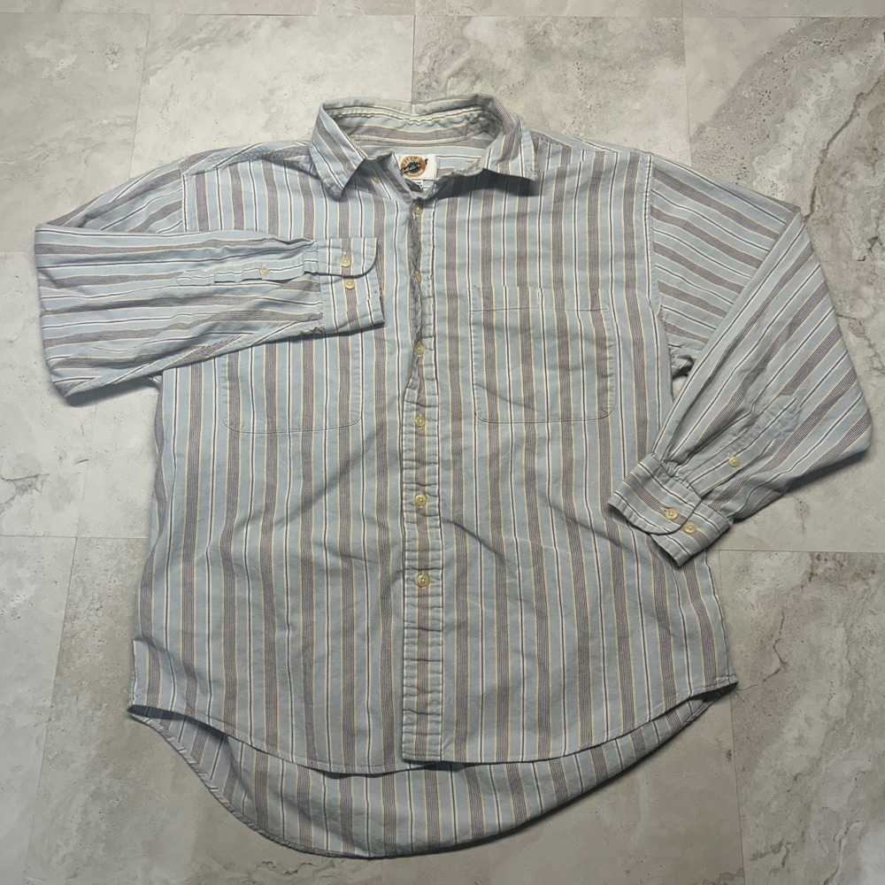 Field Gear Striped Button Down Shirt Blue Yellow Mens Size M Long Sleeve Cotton